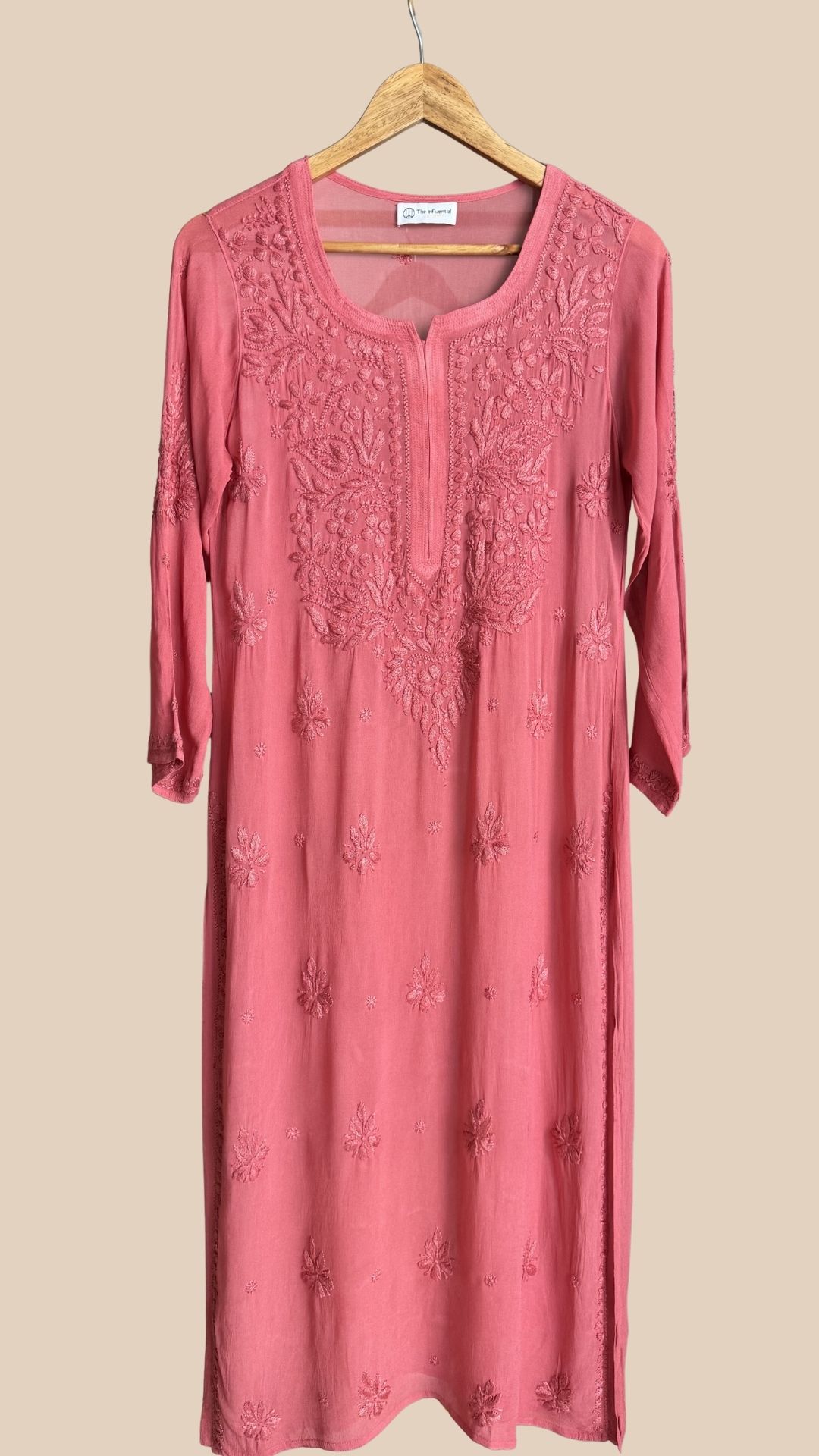 Viscose Georgette Chikankari Long Kurta - Peach Pink