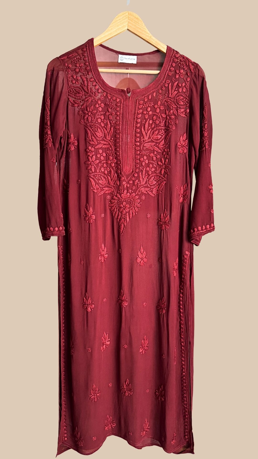 Viscose Georgette Chikankari Long Kurta - Maroon