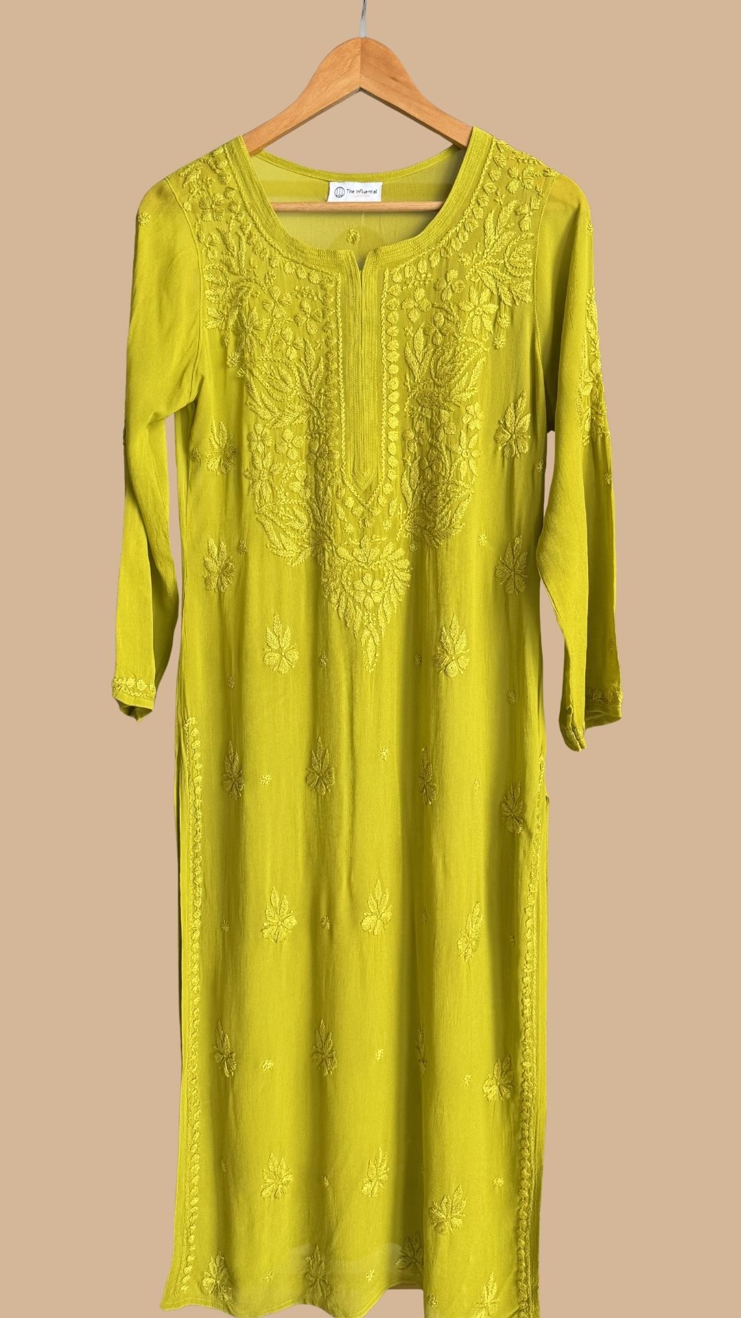 Viscose Georgette Chikankari Long Kurta - Henna Green
