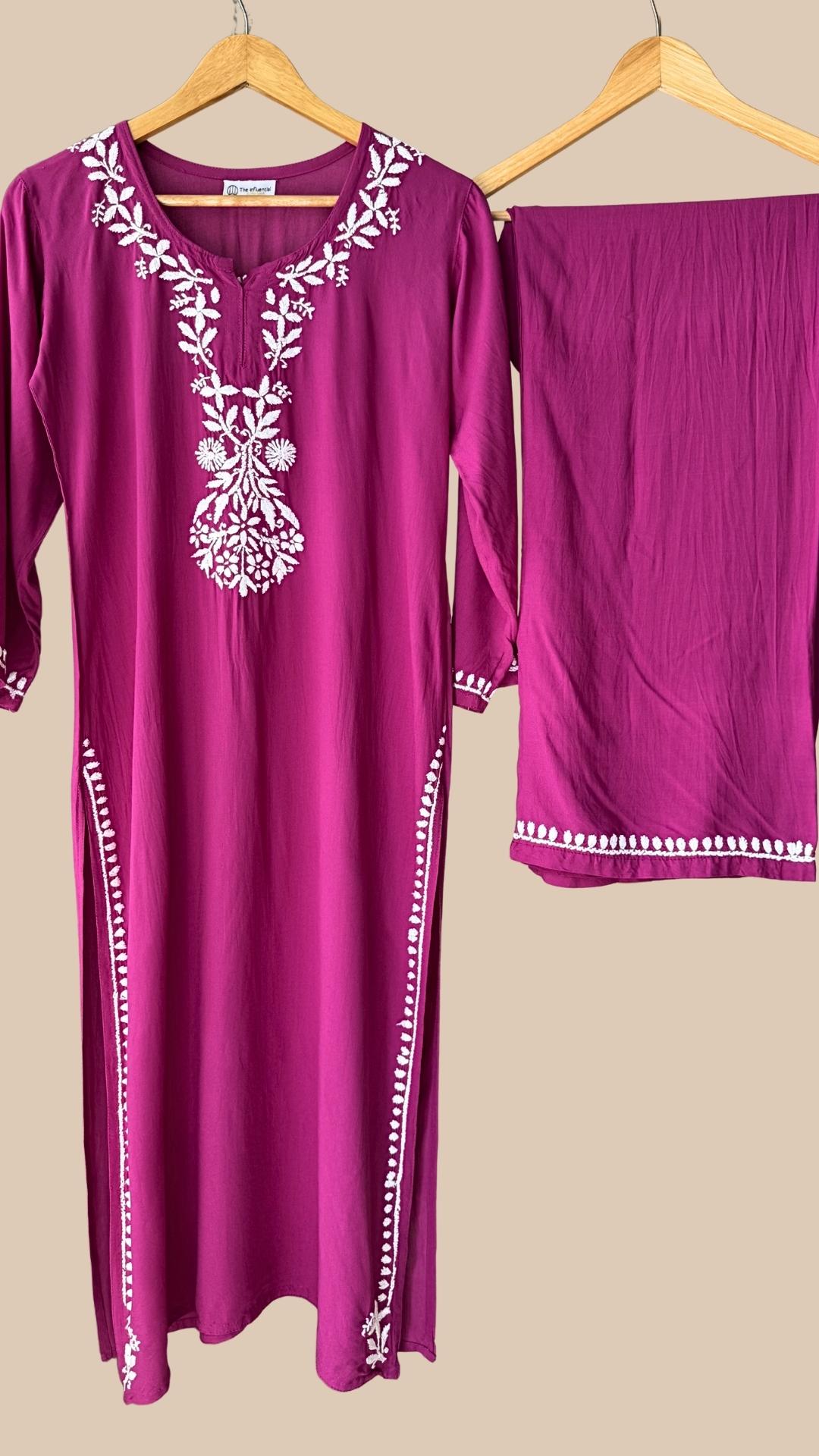 Rayon Minimal Chikankari Kurta Palazzo Set - Magenta Pink