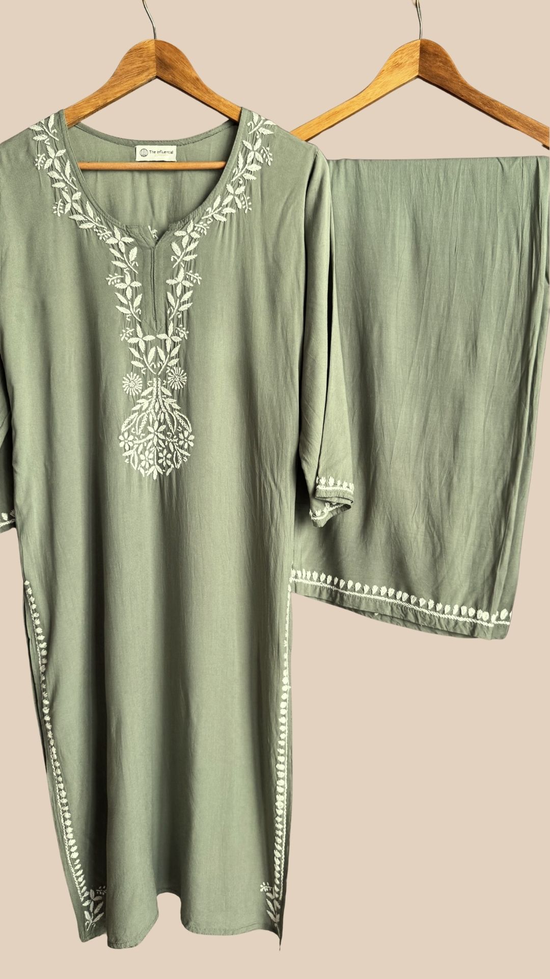 Rayon Minimal Chikankari Kurta Palazzo Set - Sage Green