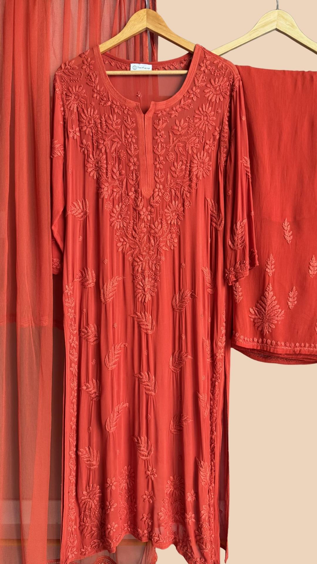 Viscose Georgette Chikankari 4pc Suit Set - Rust Orange