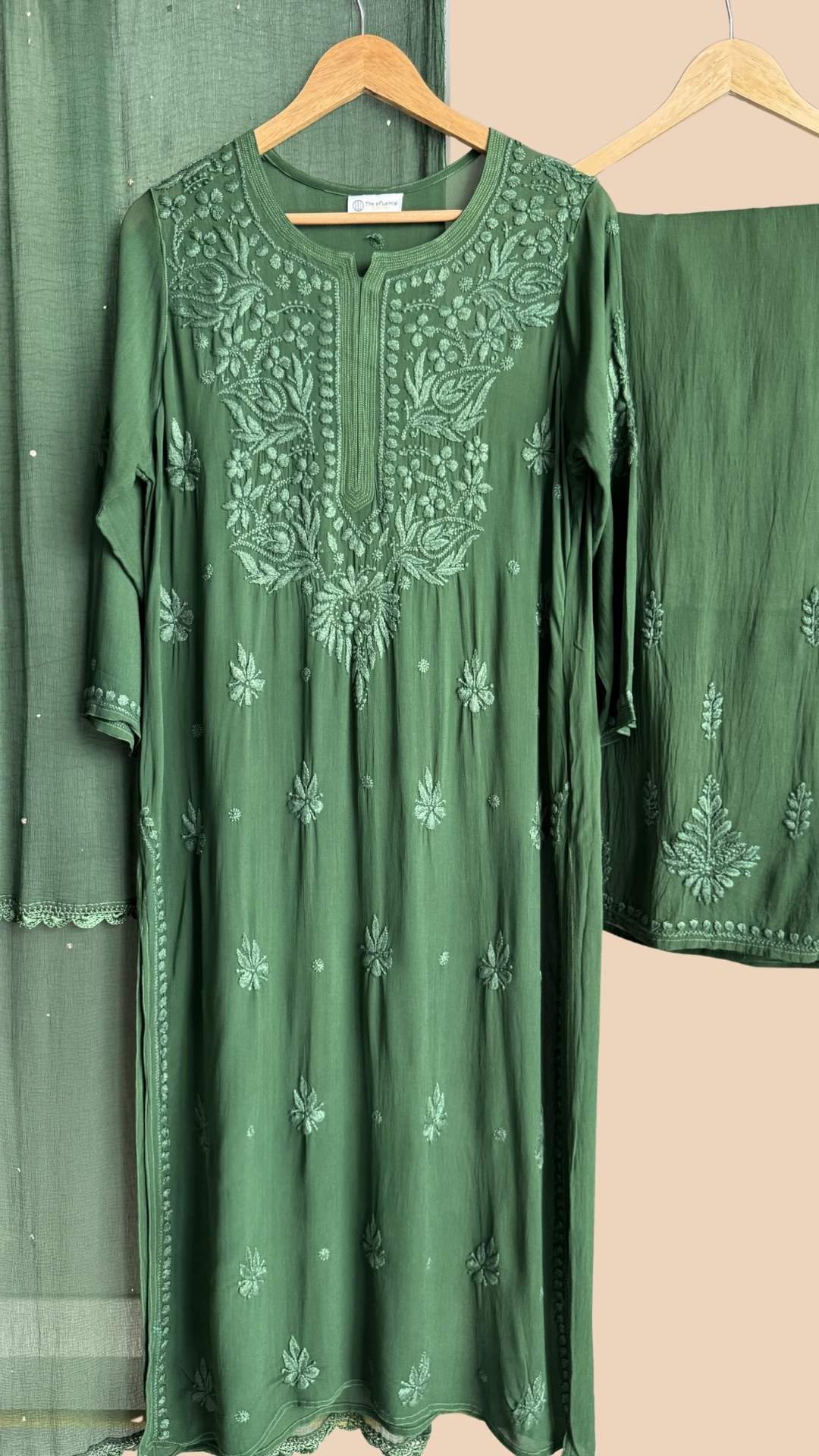 Viscose Georgette Chikankari 4pc Suit Set - Deep Henna Green