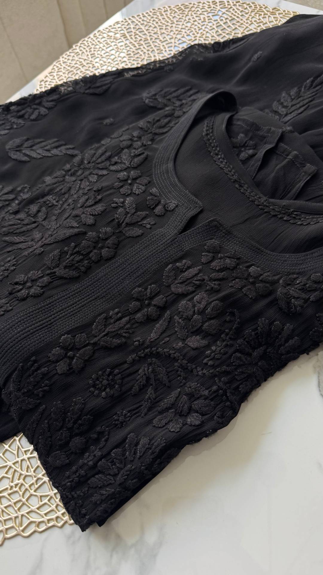 Viscose Georgette Chikankari Solid 3Pc Suit Set - Black