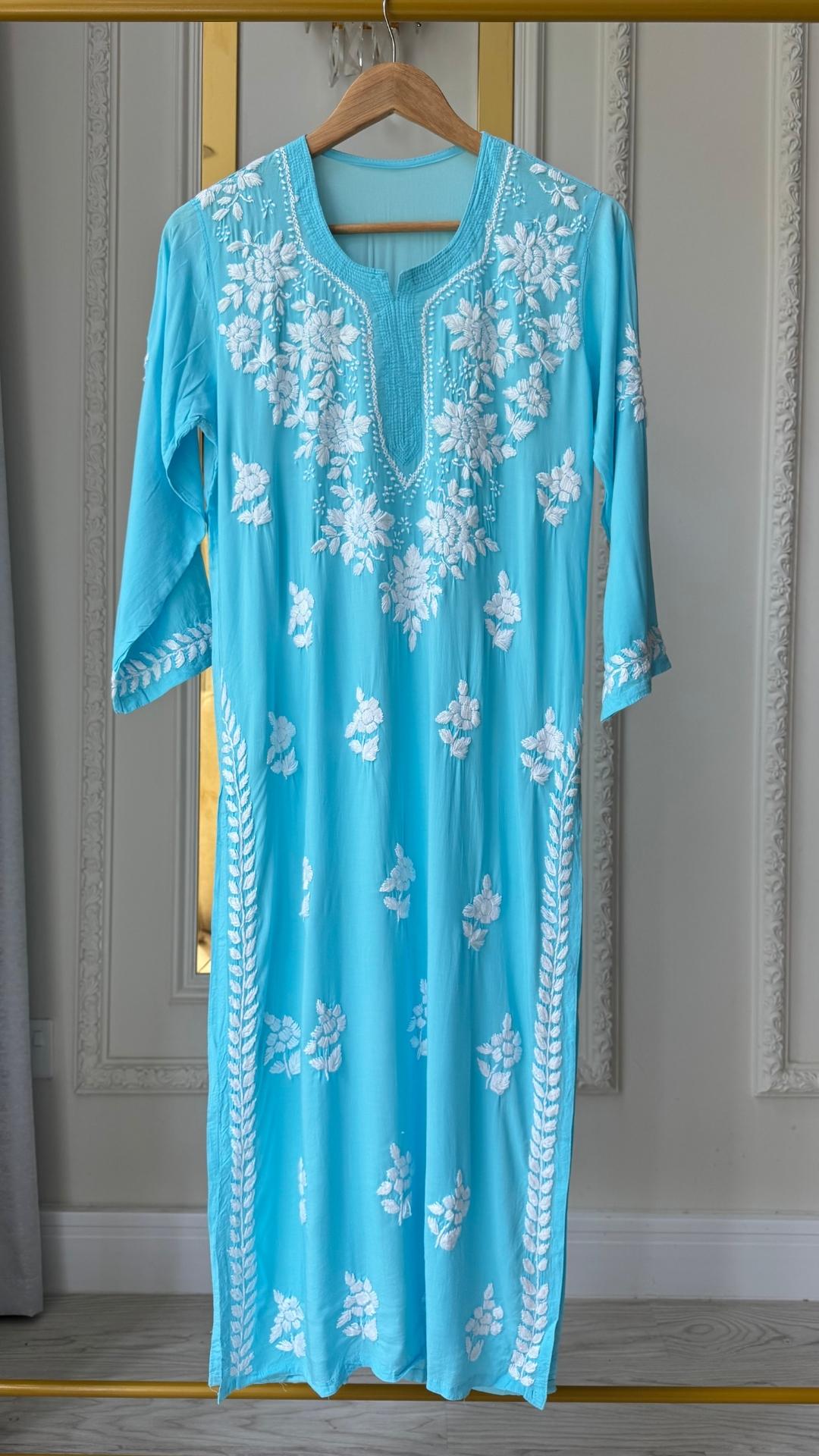 Plus Size Modal Chikankari Long Kurta - Sky Blue