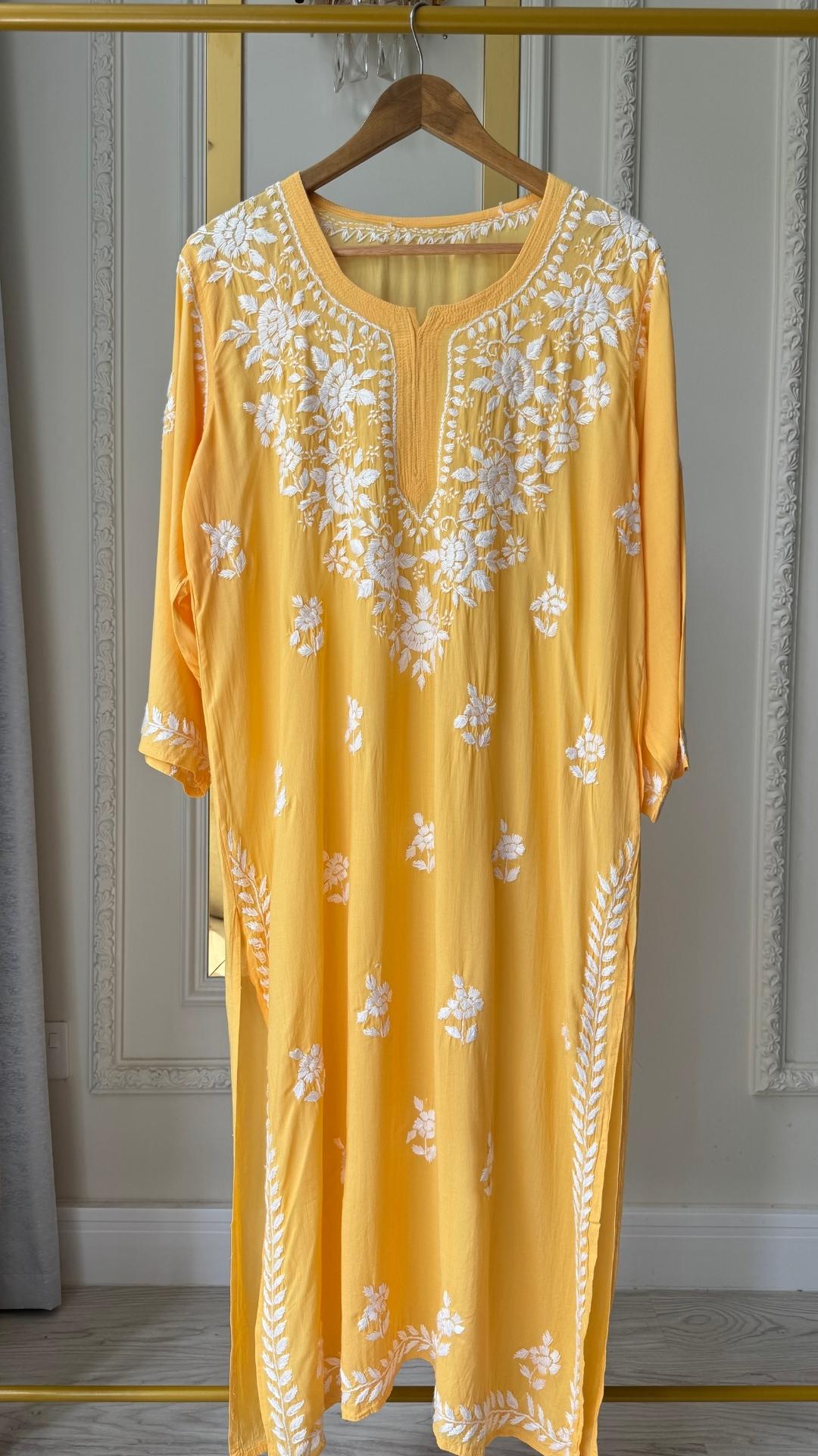 Plus Size Modal Chikankari Long Kurta - Mango Yellow