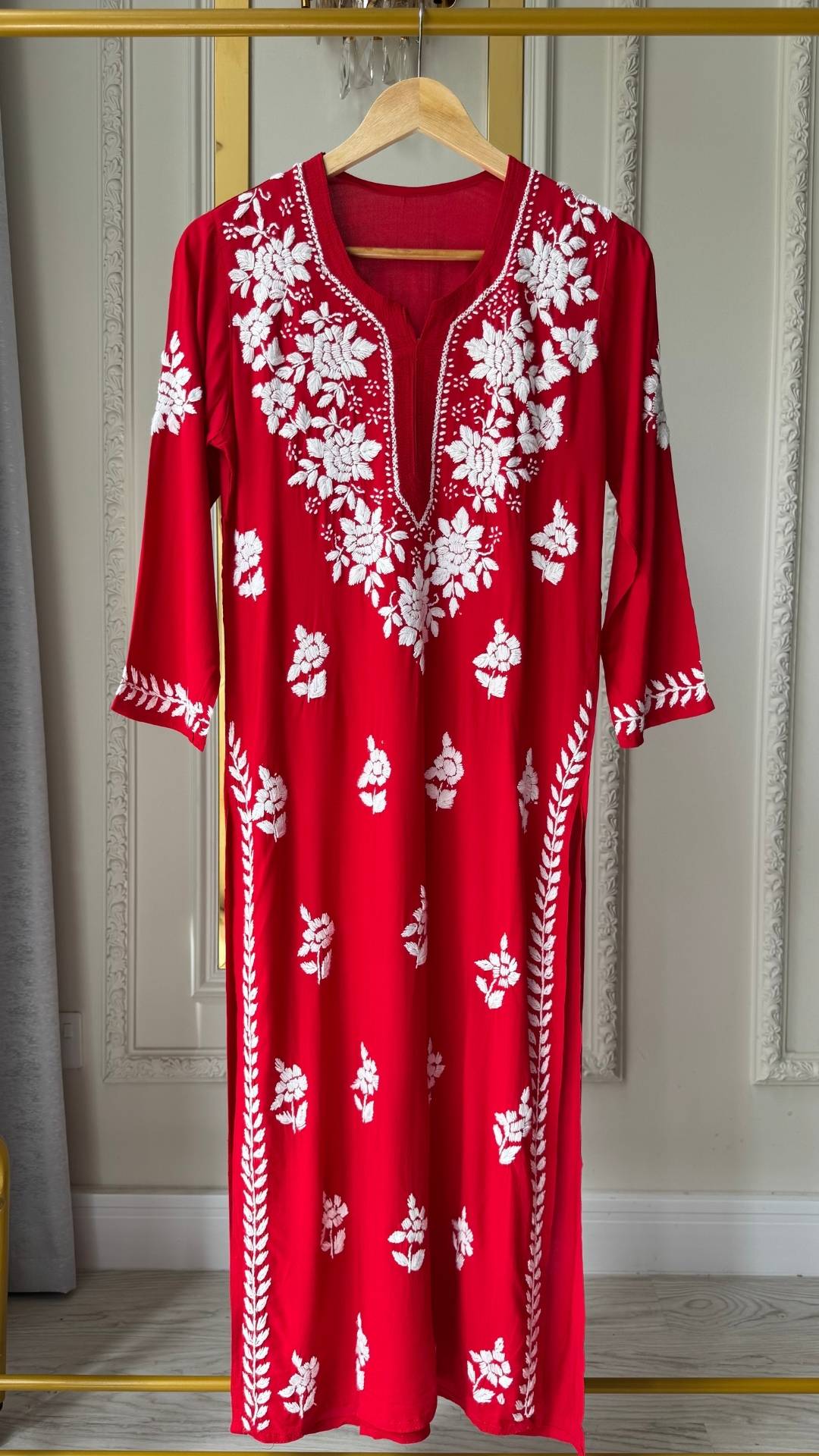Modal Chikankari Long Kurta - Red