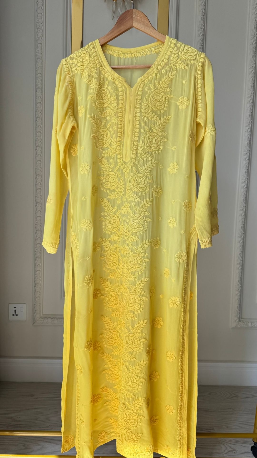 Plus Size Viscose Georgette 3D Chikankari Ombre Long Kurta - Yellow