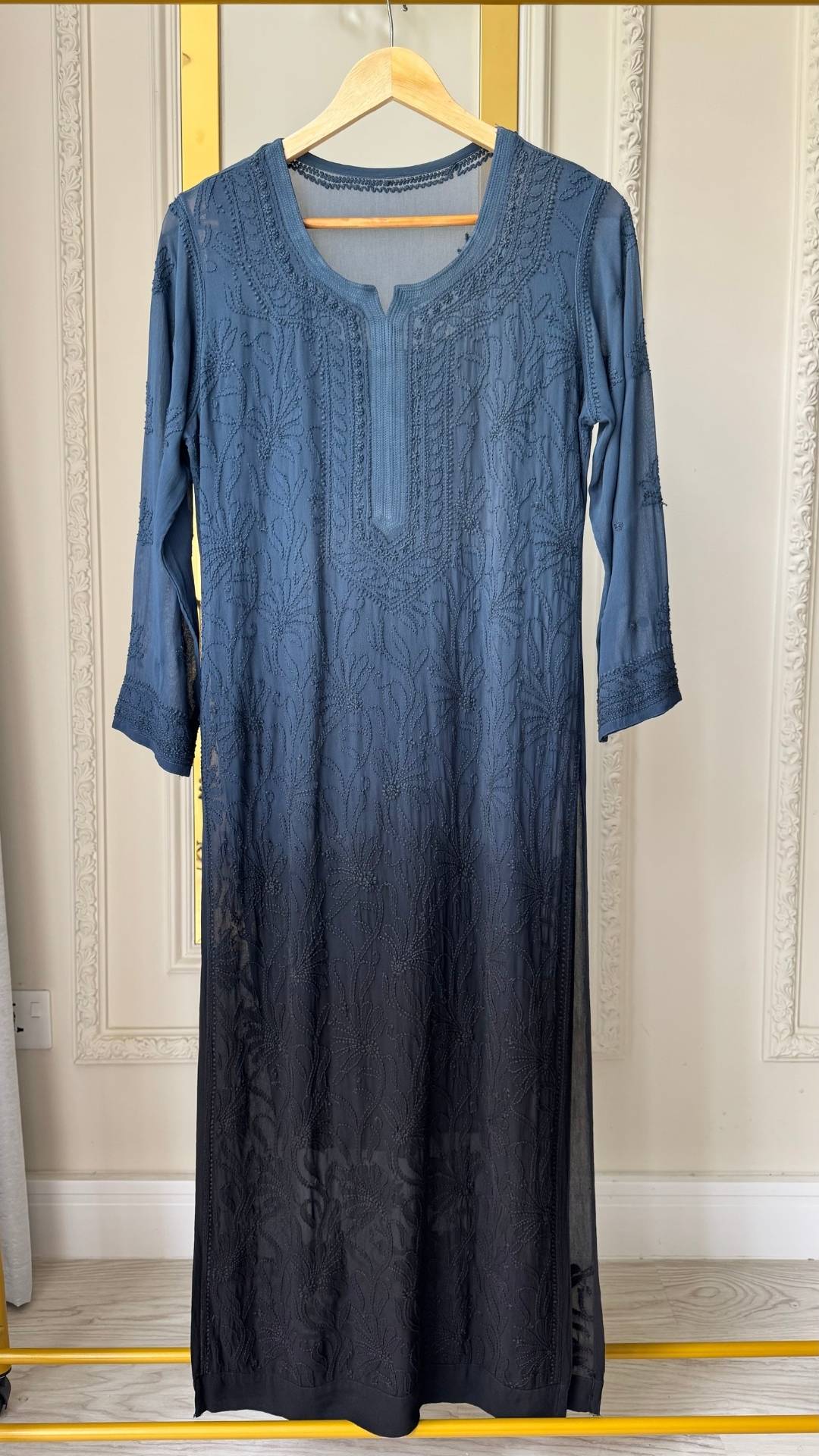 Viscose Georgette Ombre Chikankari Long Kurta - Grey Black