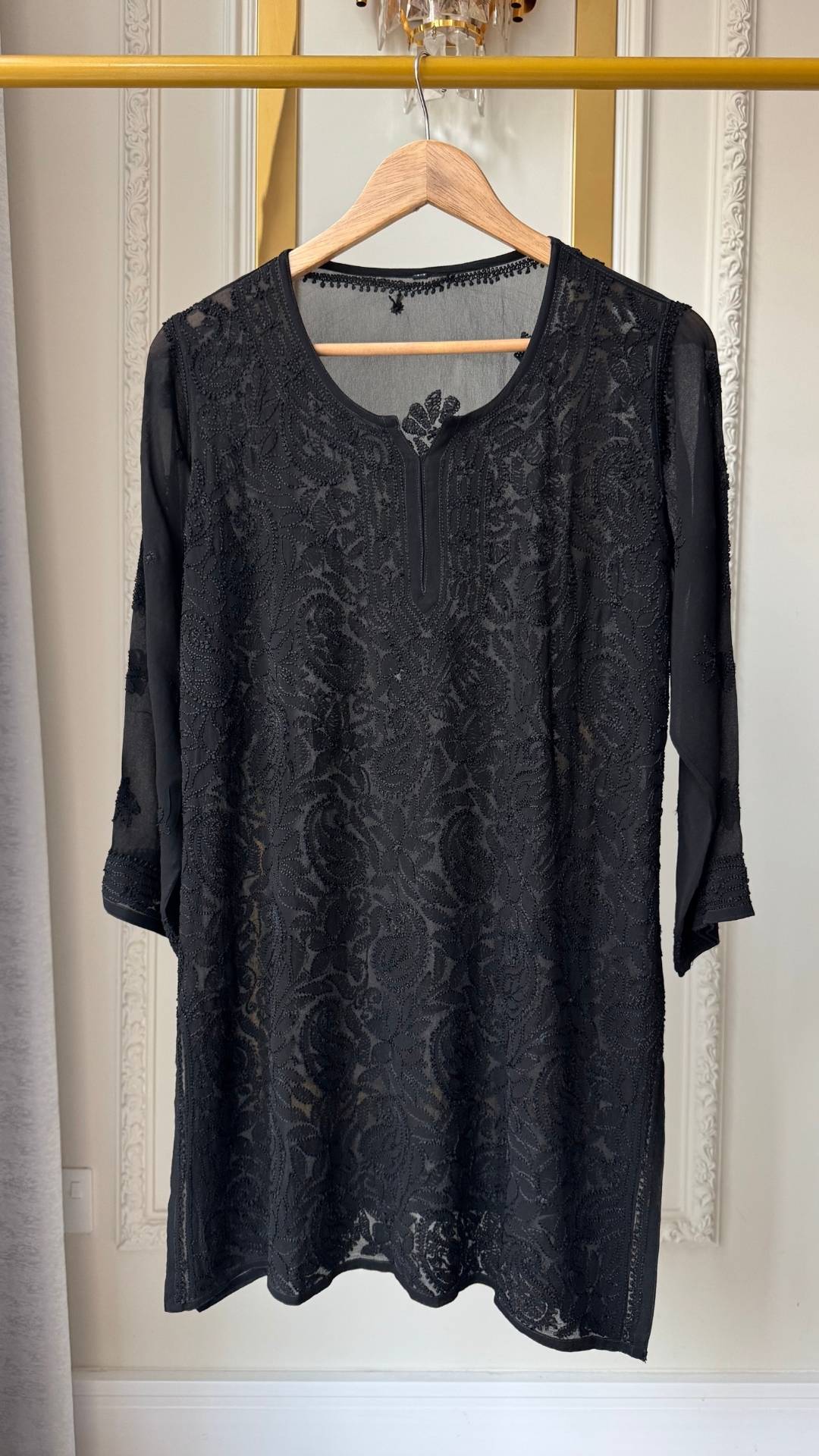 Viscose Georgette Silk Thread Chikankari Short Kurta - Black