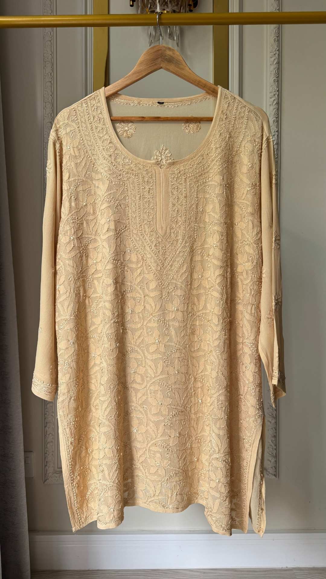 Plus Size Viscose Georgette Silk Thread Chikankari Short Kurta - Beige