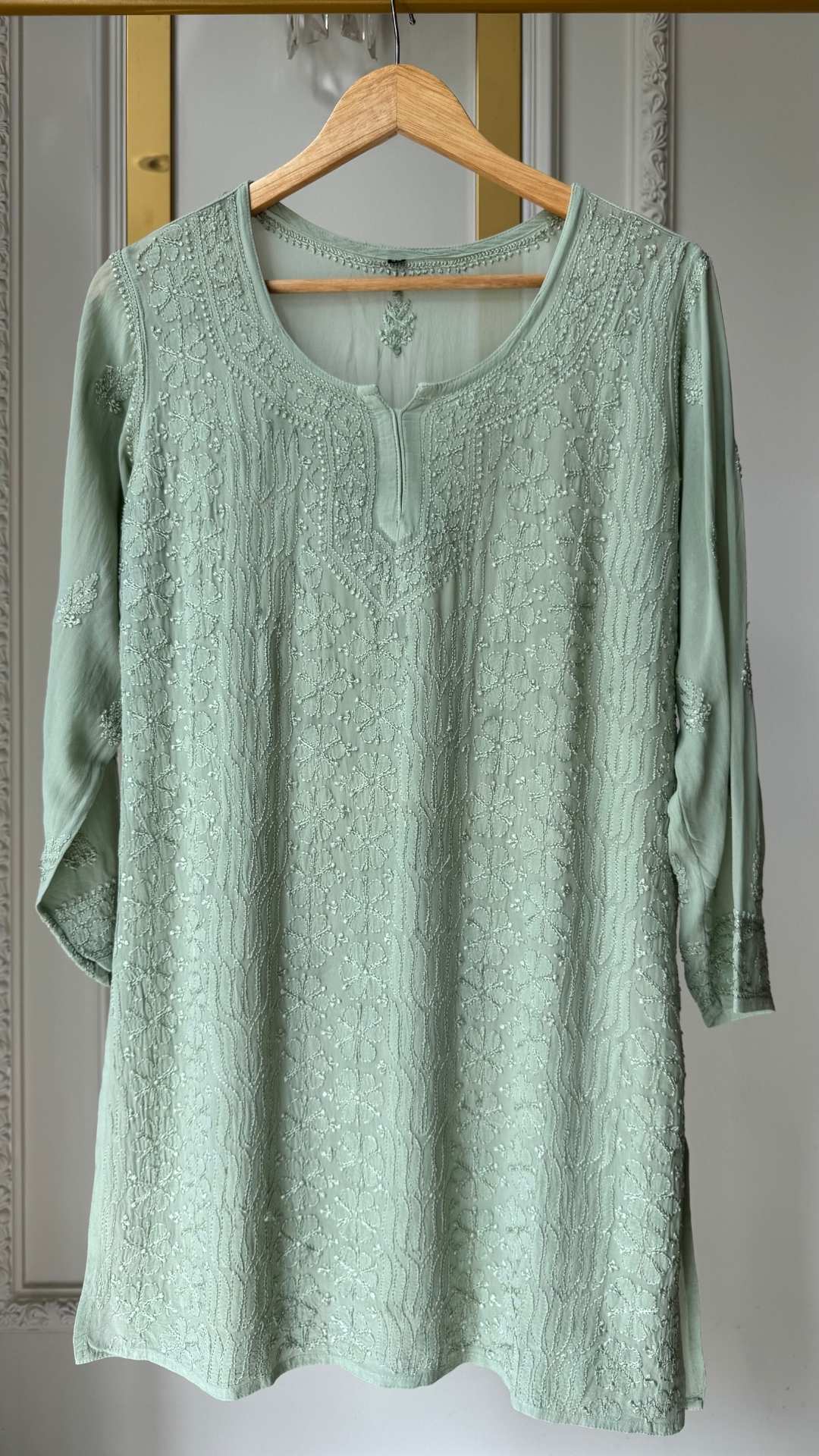 Viscose Georgette Silk Thread Chikankari Short Kurta - Pistachio Green