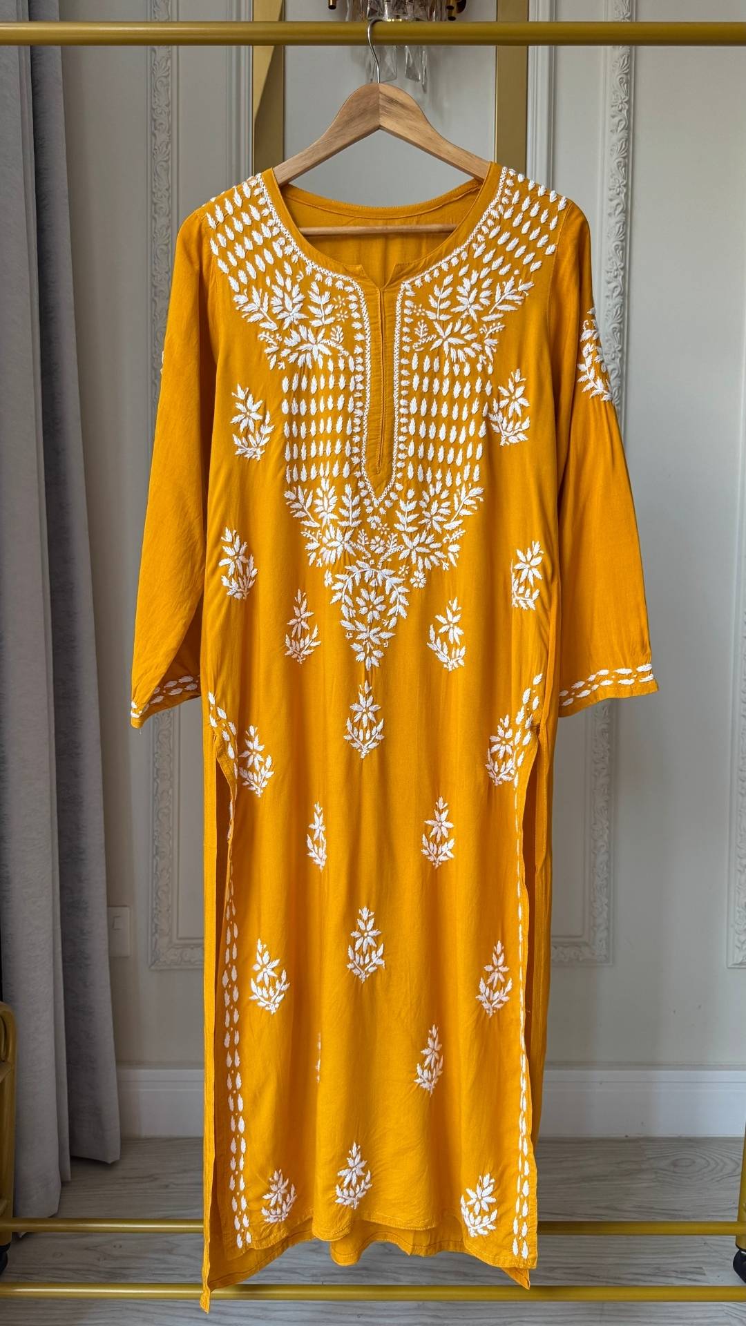 Rayon Chikankari Long Kurta - Mustard Yellow