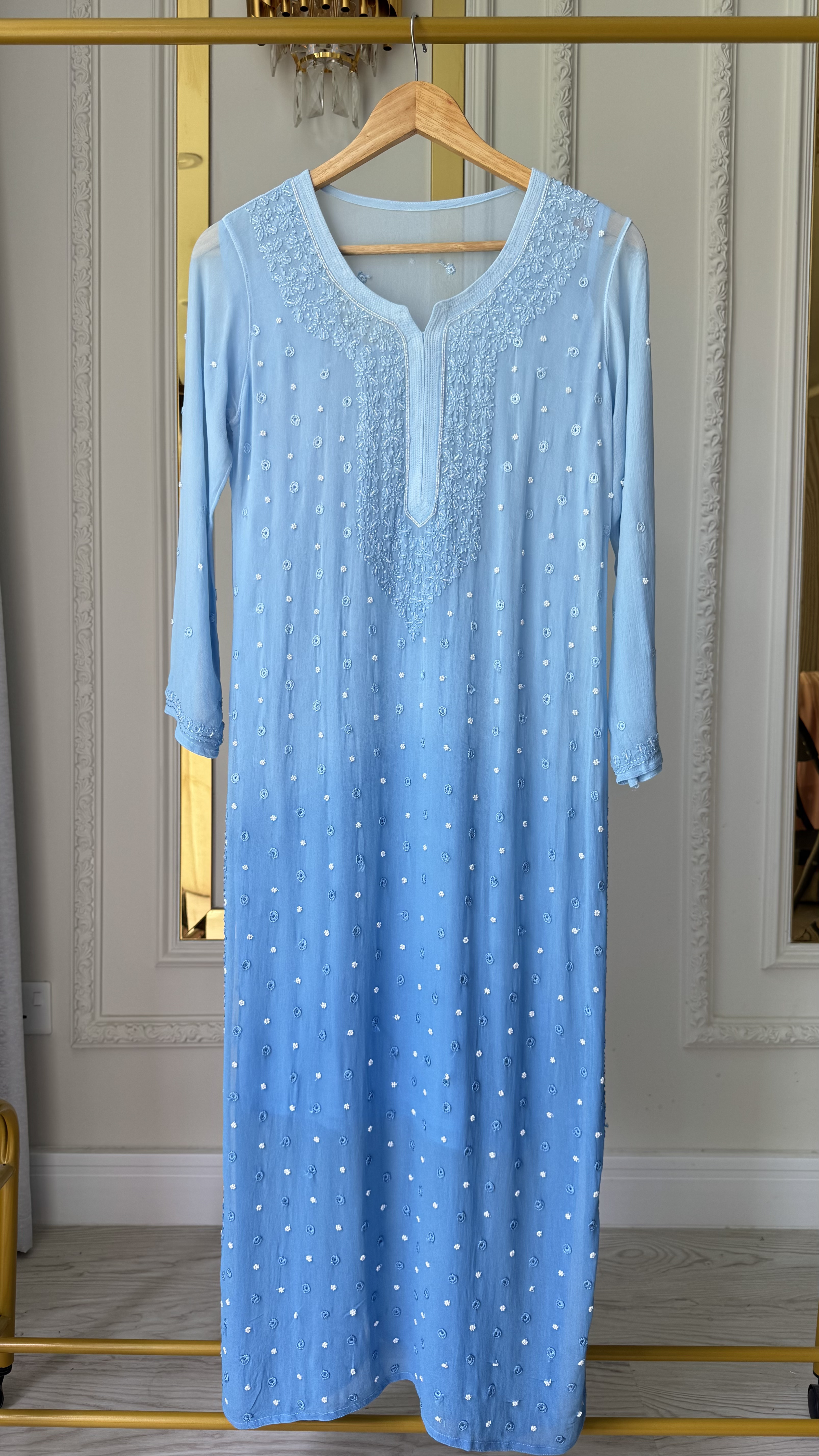 Viscose Georgette Pearl Work Ombre Long Kurta - Blue