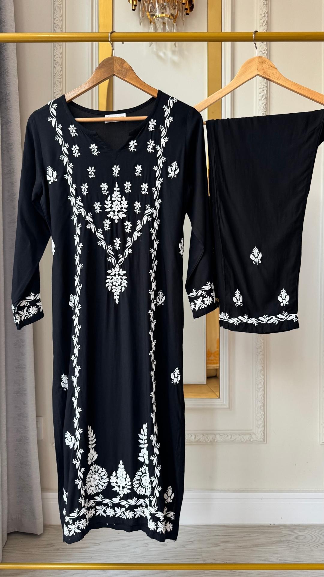 Luxury Rayon Chikankari Kurta Set - Black White