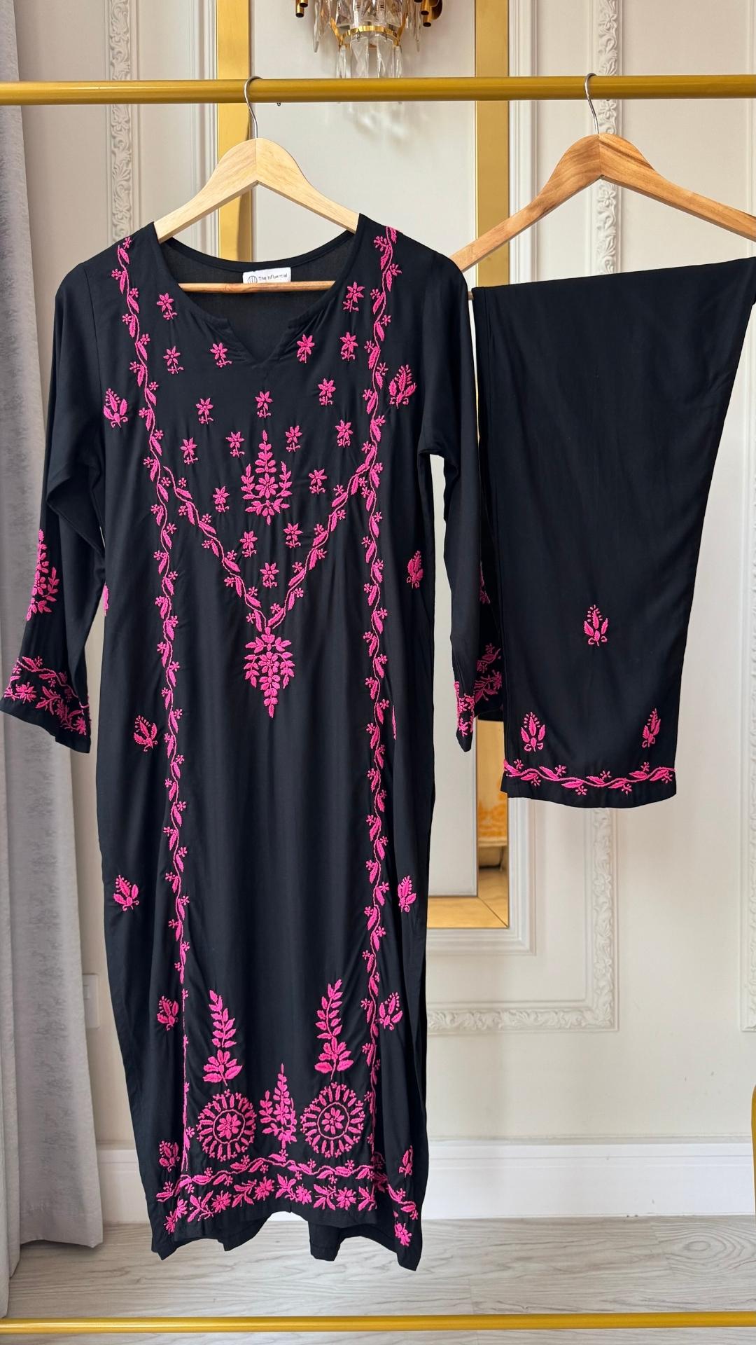 Luxury Rayon Chikankari Kurta Set - Black Pink