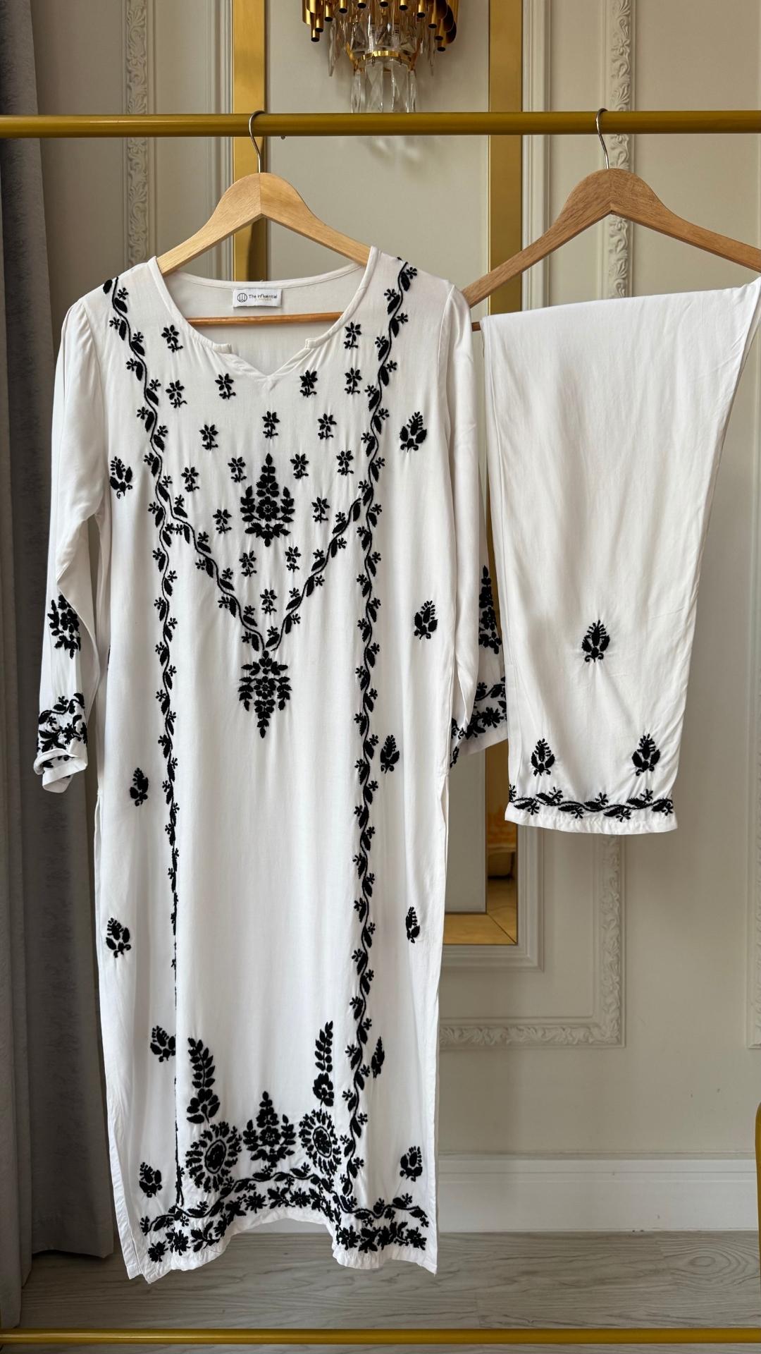 Luxury Rayon Chikankari Kurta Set - White Black 
