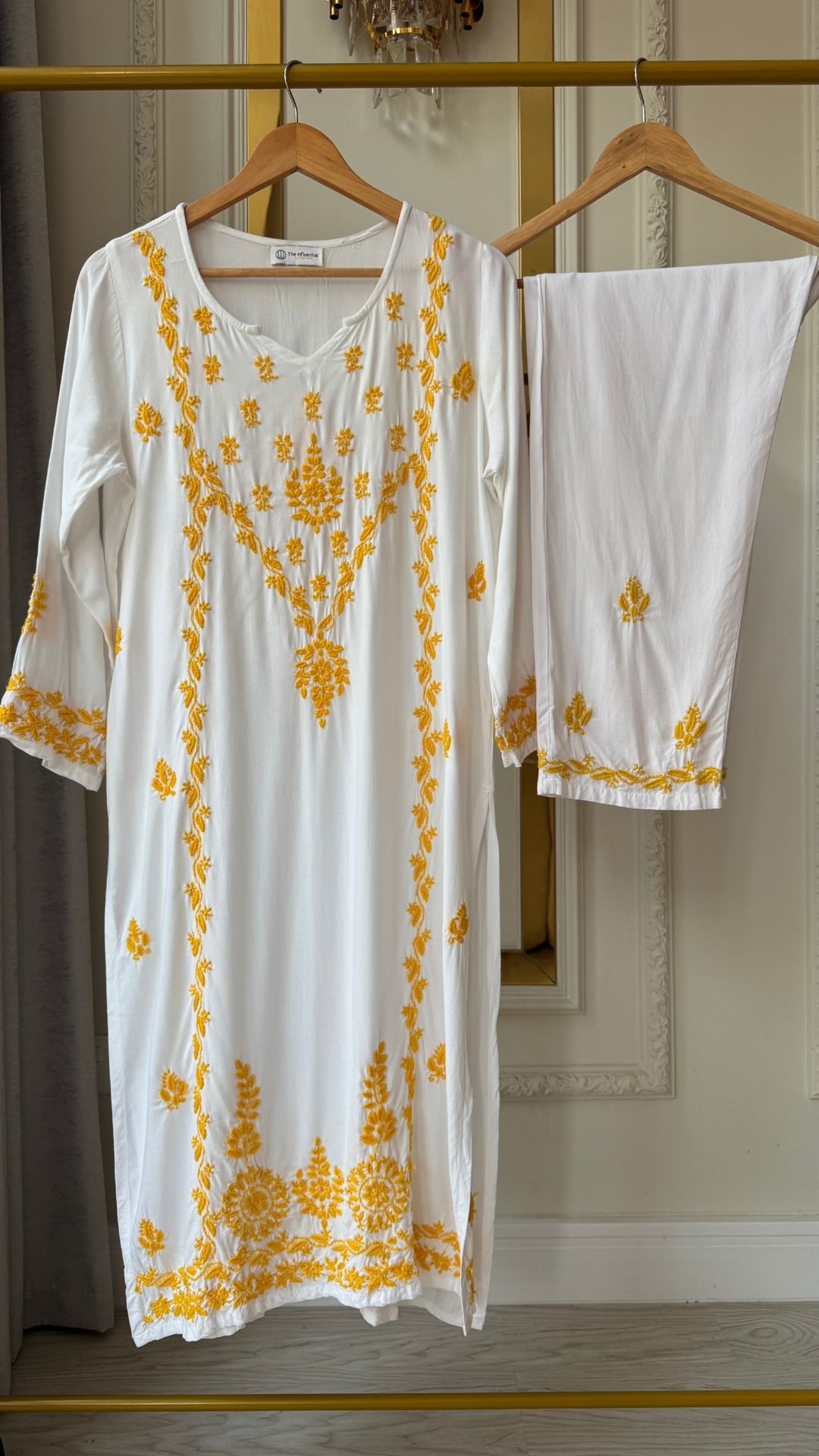 Luxury Rayon Chikankari Kurta Set - White Yellow