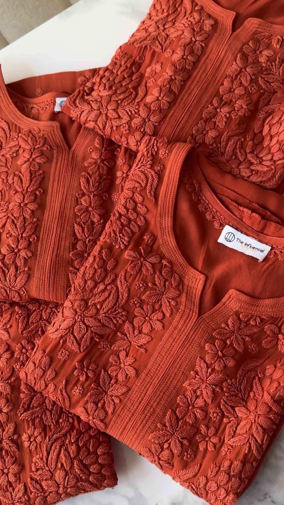 Viscose Georgette 3D Chikankari Solid Long Kurta - Rust Orange