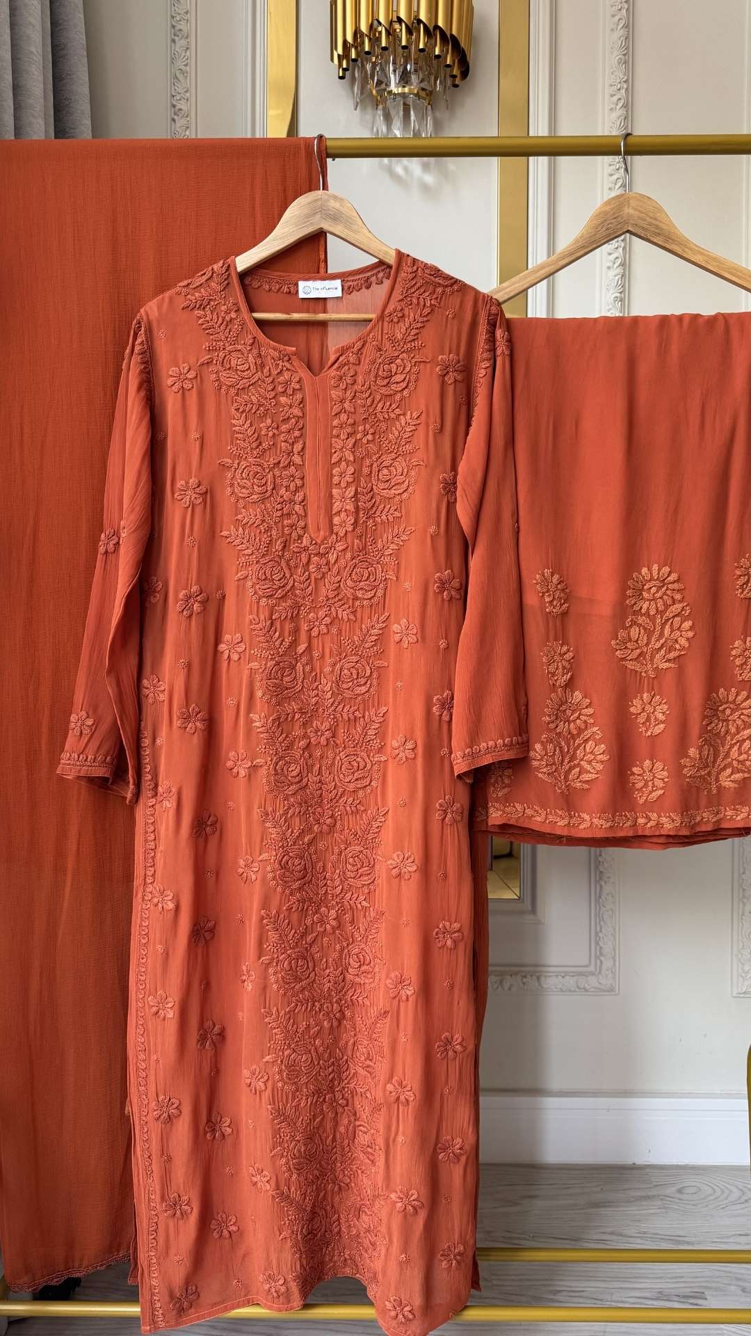 Viscose Georgette 3D Chikankari 4pc Suit Set - Rust Orange