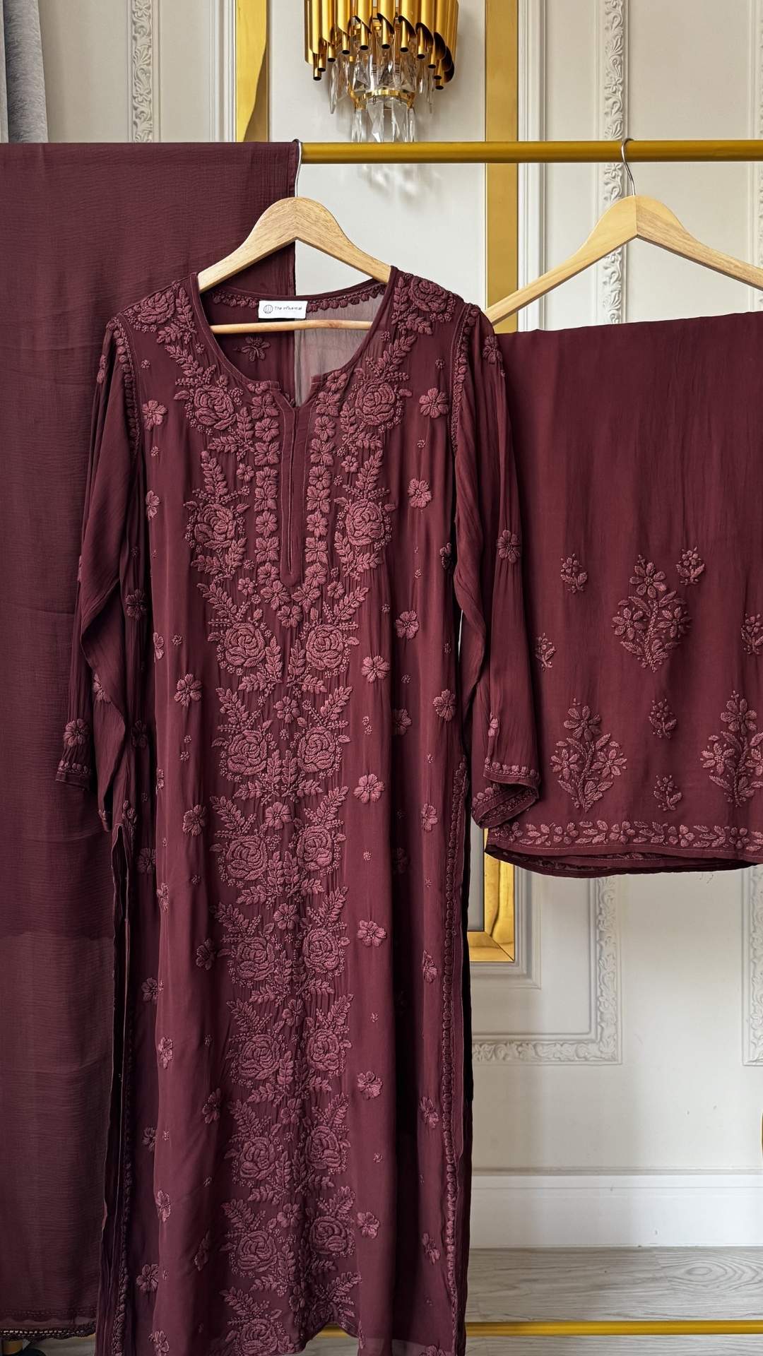 Viscose Georgette 3D Chikankari 4pc Suit Set - Chocolate Brown
