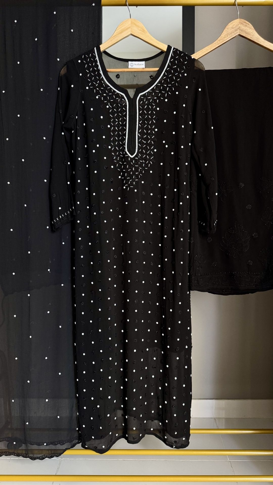Viscose Georgette Pearl Embellished Chikankari 4pc Suit Set   - Black