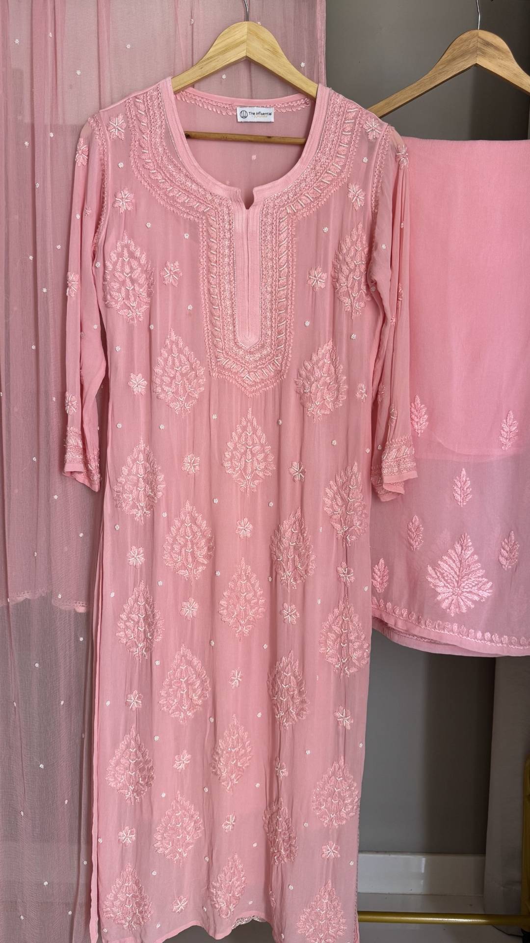 Viscose Georgette Pearl Embellished Chikankari 4pc Suit Set - Blush Pink