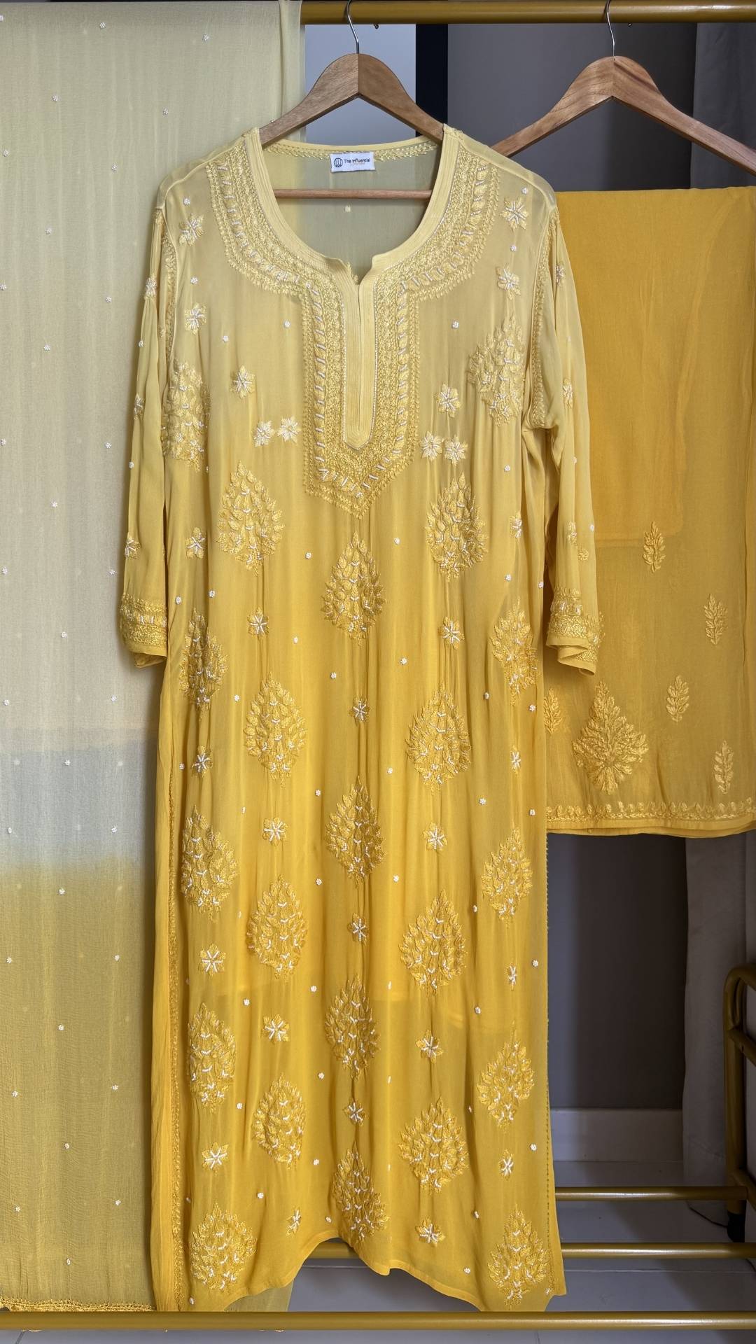 Viscose Georgette Ombre Chikankari Pearl Embellished  4pc Suit Set - Mango Yellow