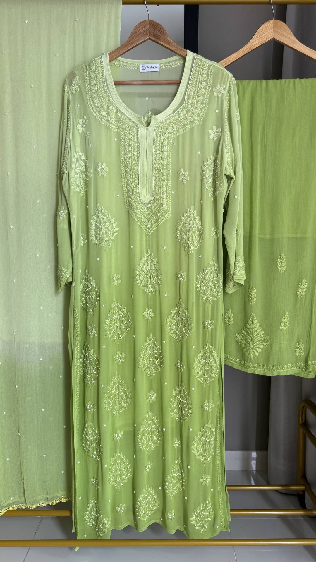 Viscose Georgette Ombre Chikankari Pearl Embellished 4pc Suit Set - Lime Green