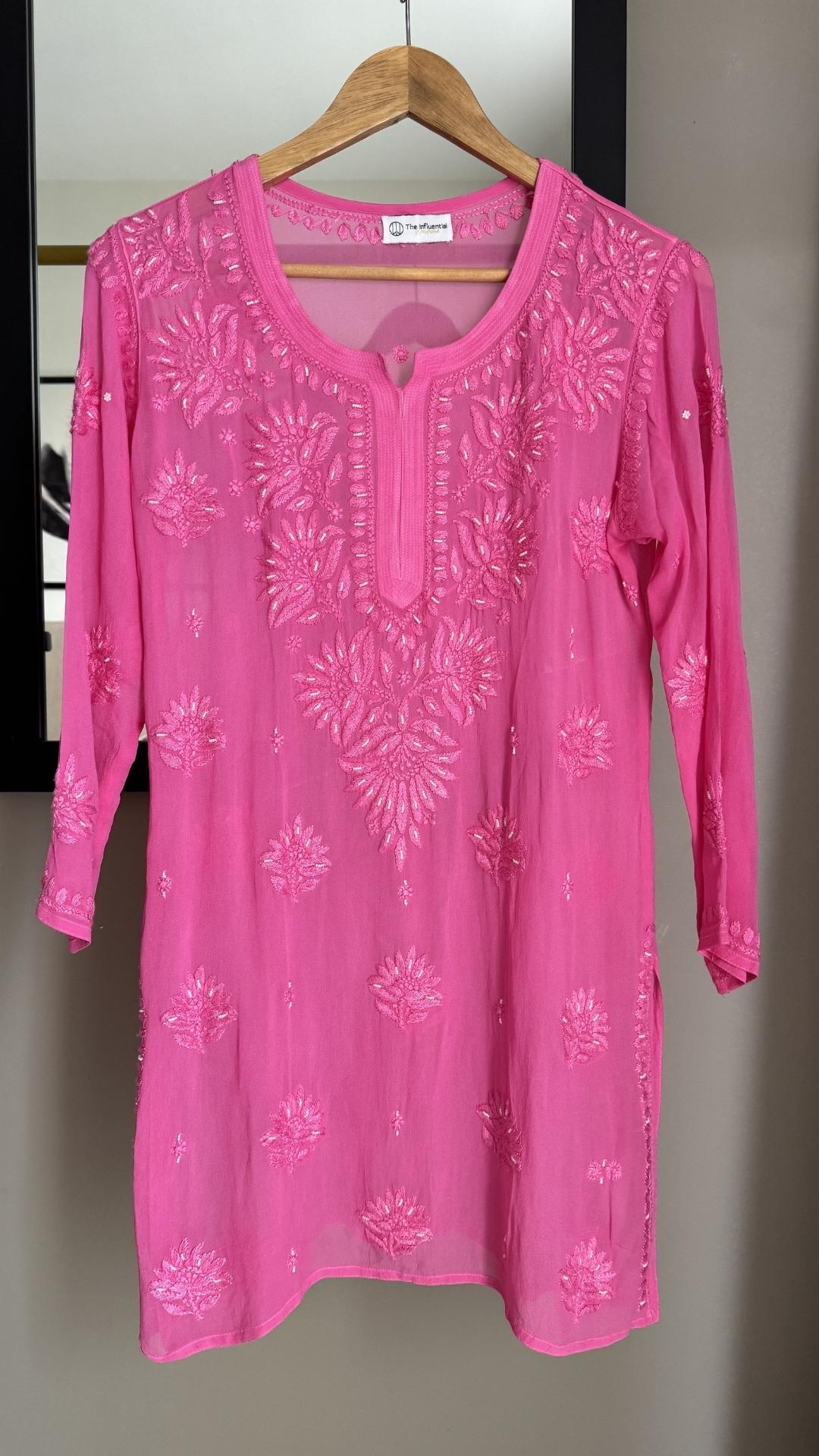 Viscose Georgette Chikankari Pearl Work Short Kurta - Pink