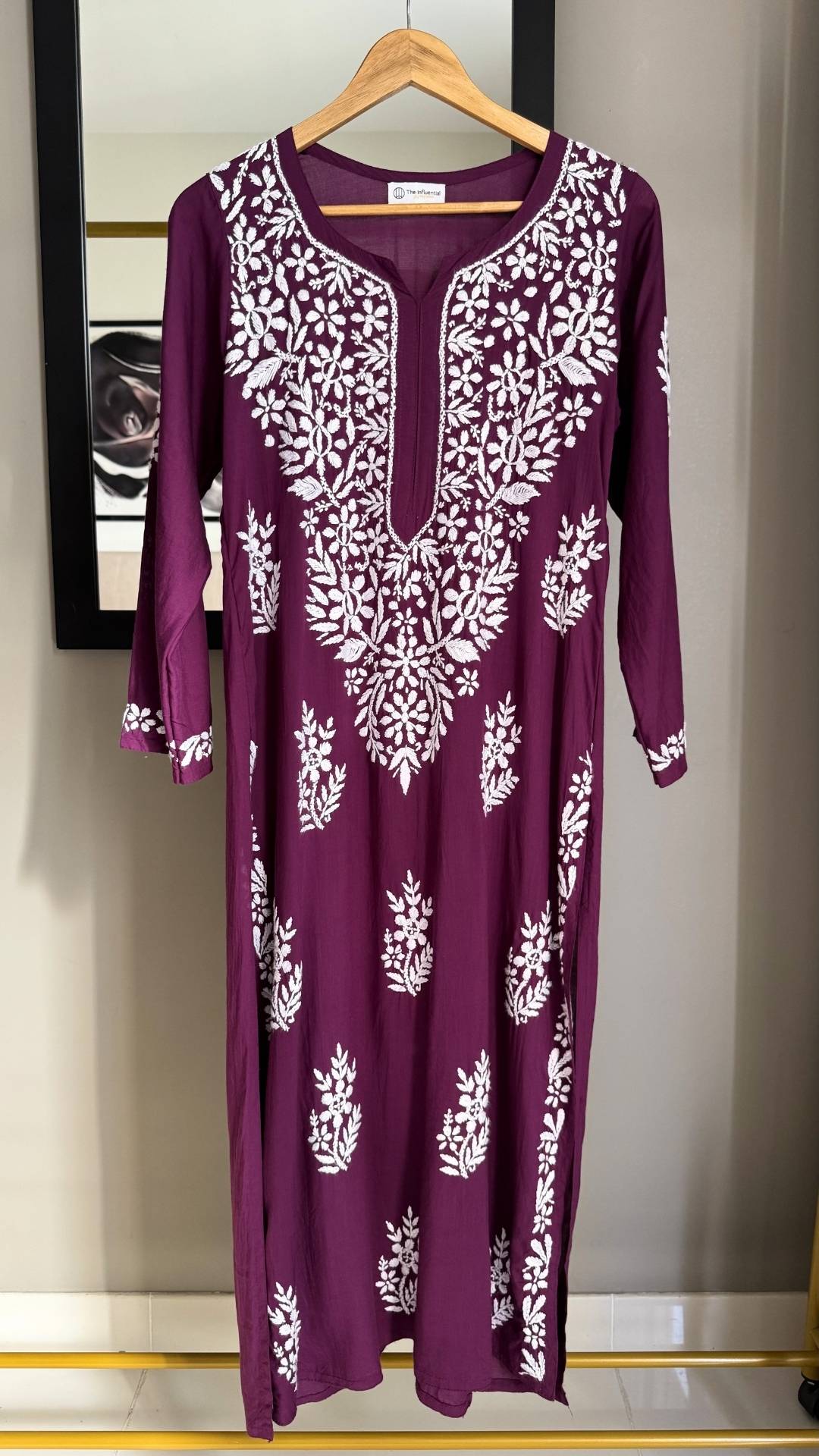 Modal Heavy Neck Chikankari Long Kurta - Wine 