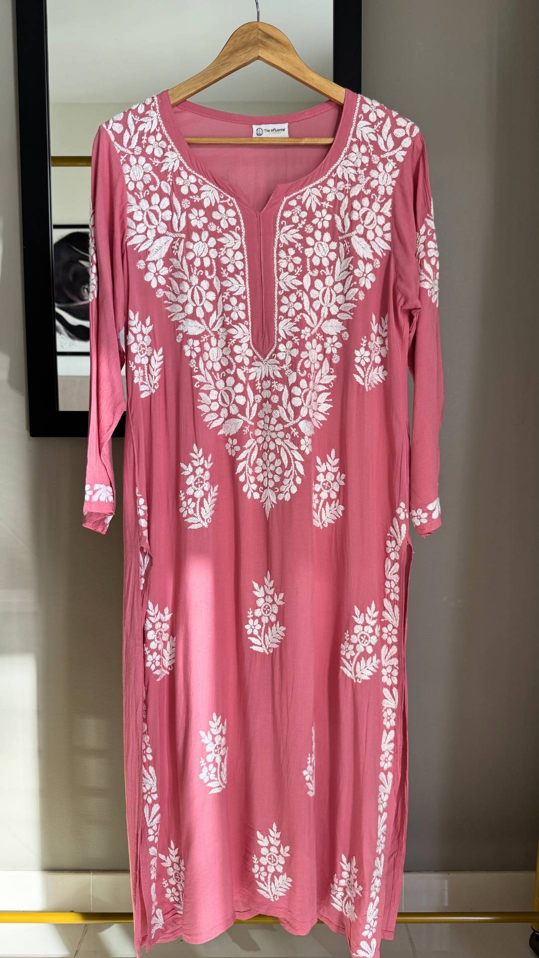 Modal Heavy Neck Chikankari Long Kurta - Light Pink