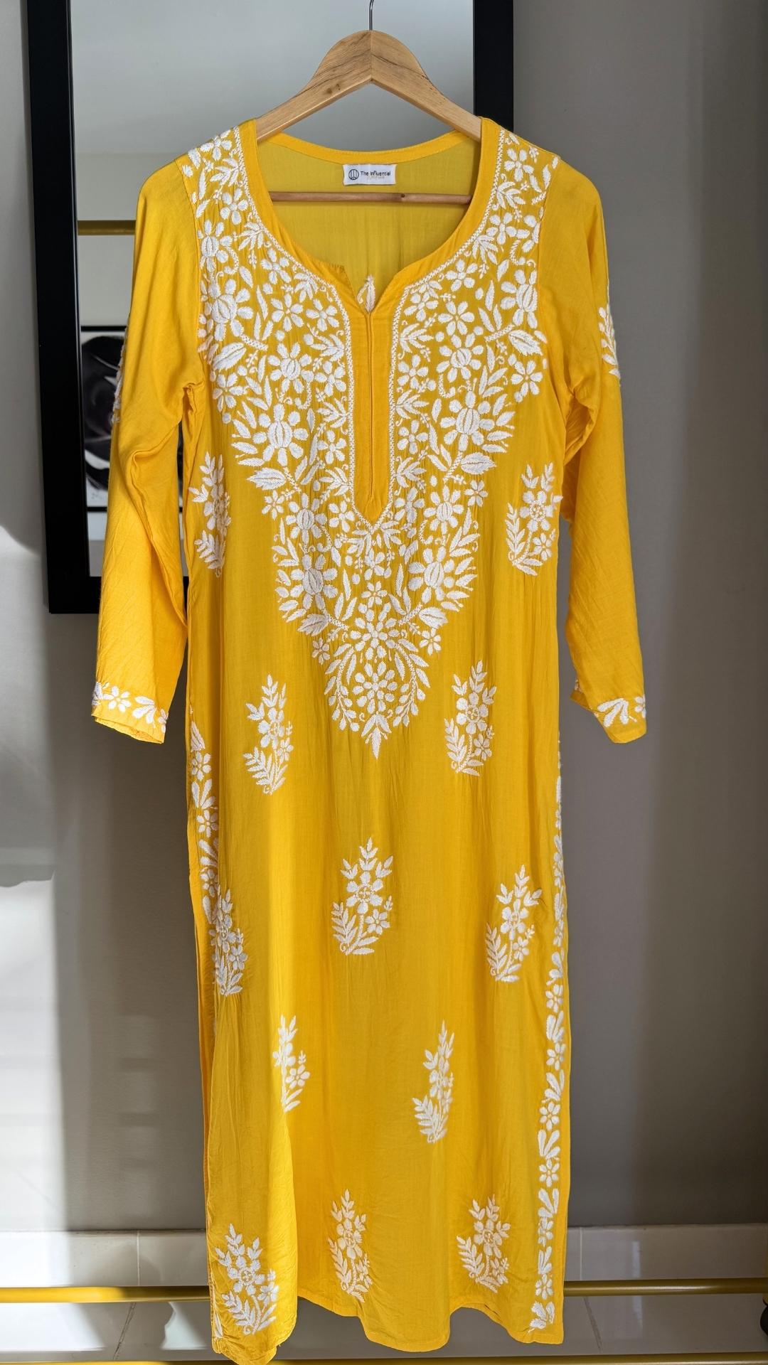 Modal Heavy Neck Chikankari Long Kurta - Yellow