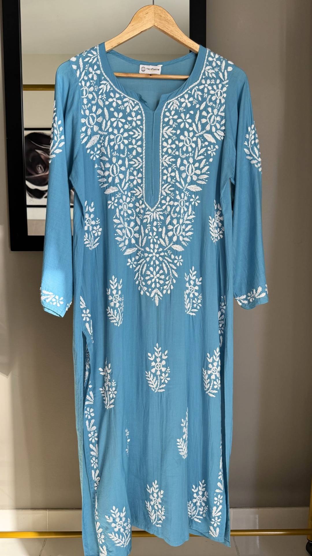 Modal Heavy Neck Chikankari Long Kurta - Powder Blue