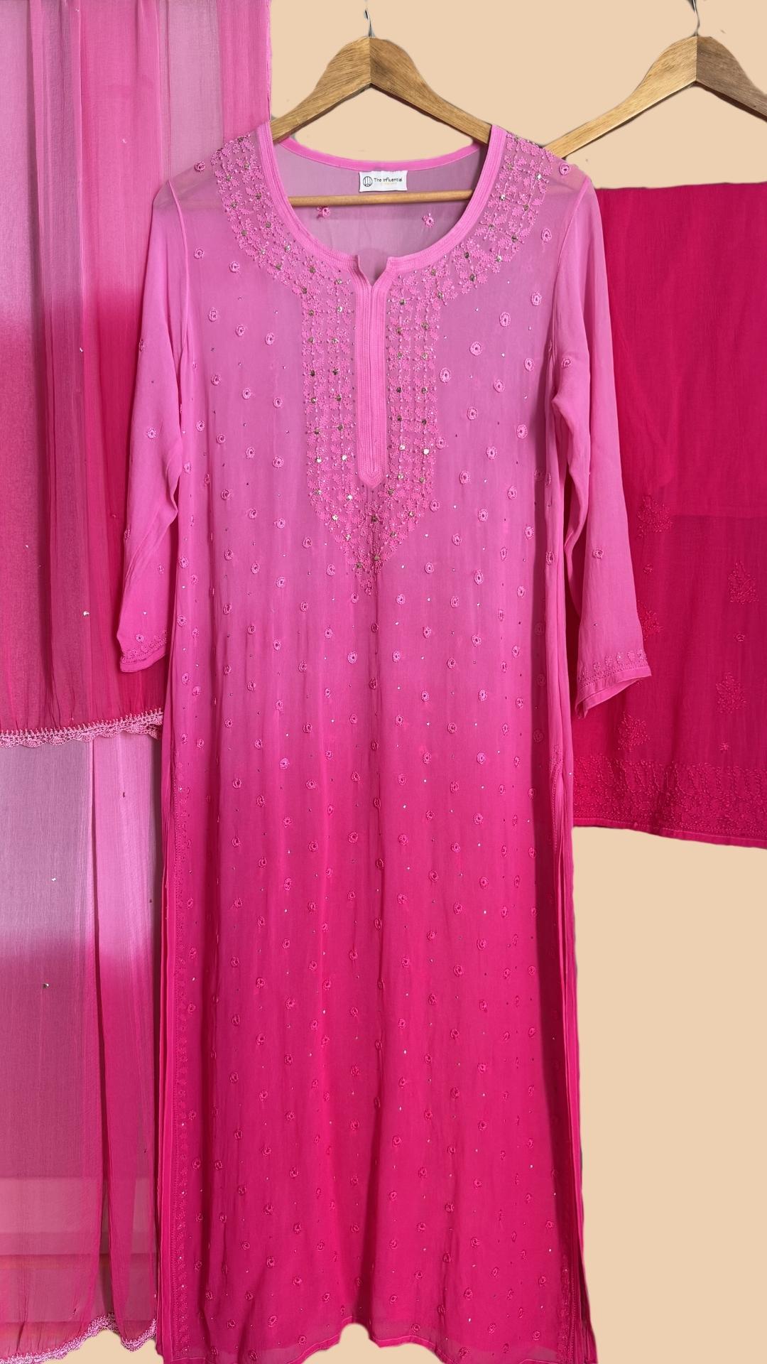 Viscose Georgette Chikankari With Mukesh Ombre Suit Set - Hot Pink