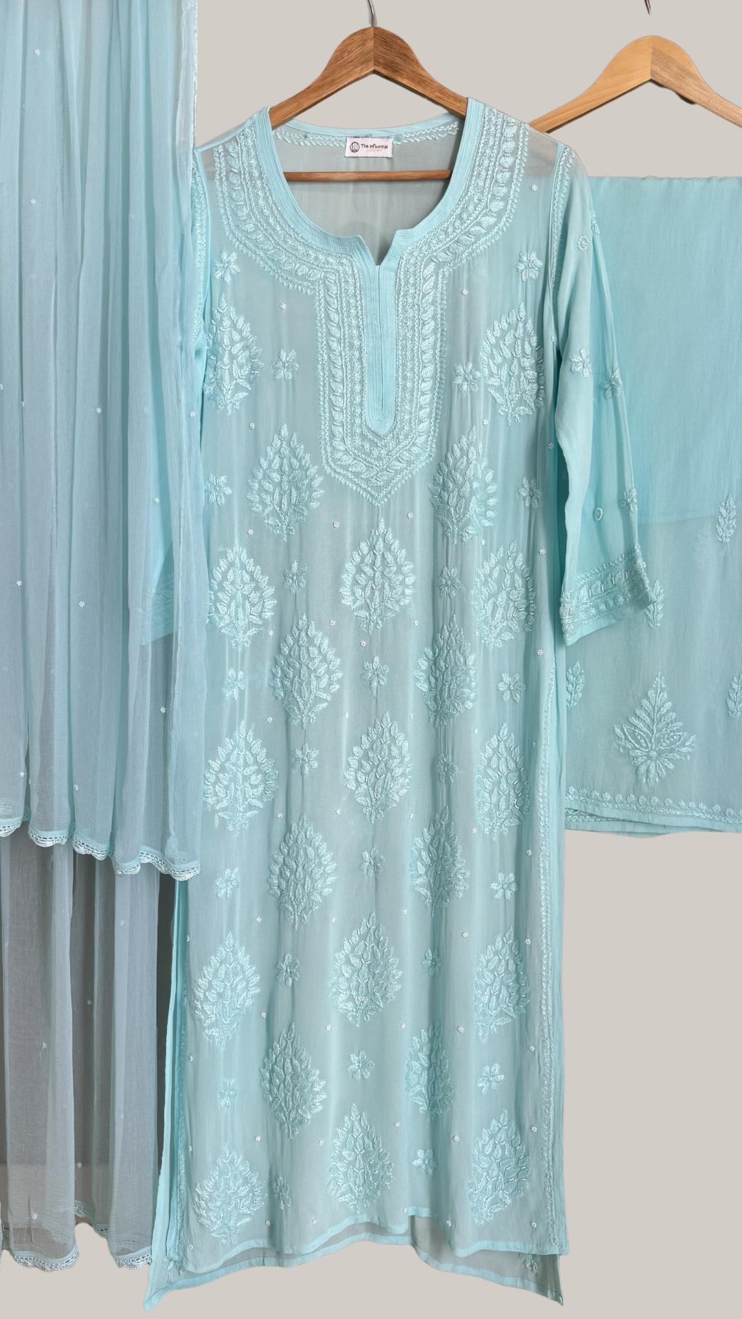 Viscose Georgette Pearl Embellished Chikankari 4pc Suit Set - Sky Blue