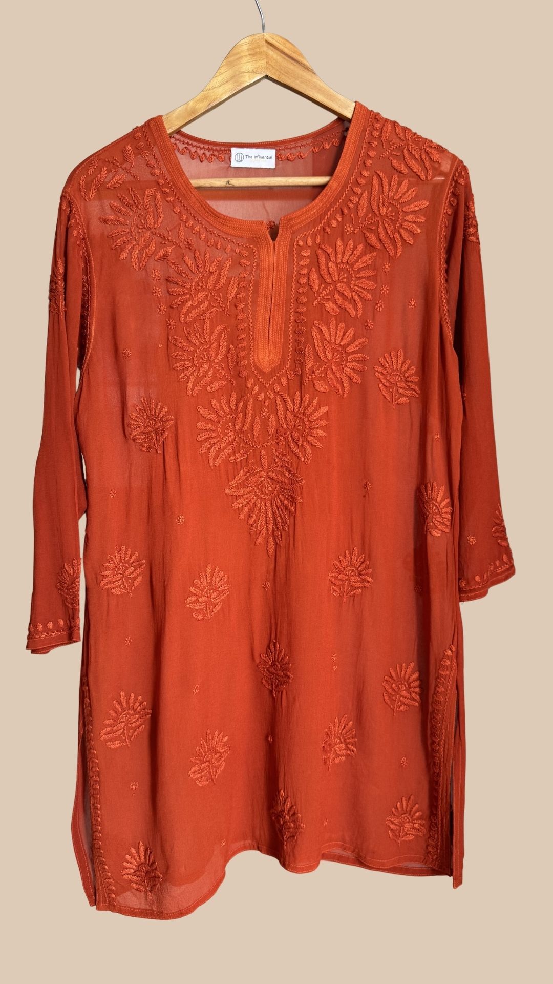 Viscose Georgette Chikankari Short Kurta - Rust Orange