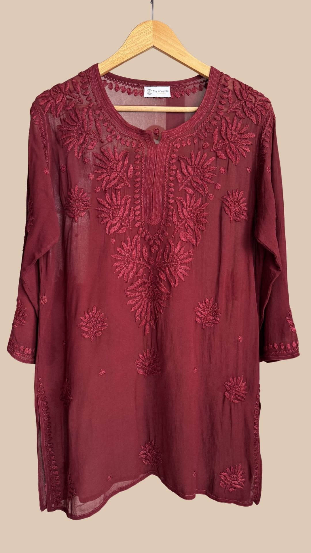 Viscose Georgette Chikankari Short Kurta - Maroon
