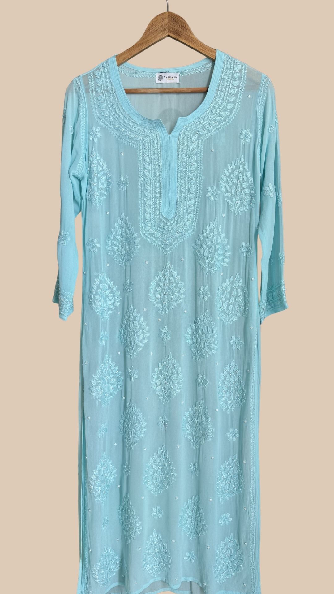 Viscose Georgette Pearl Work Chikankari Long Kurta - Sky Blue