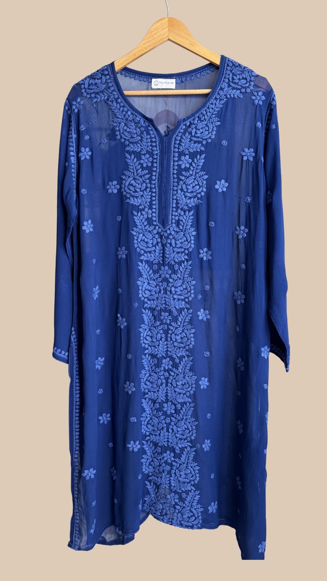 Plus Size Viscose Georgette 3D Chikankari Long Kurta - Royal Blue