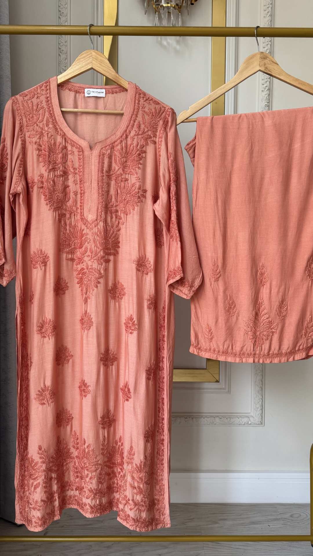 Muslin Silk 3D Chikankari Kurta Palazzo Set - Pastel Orange