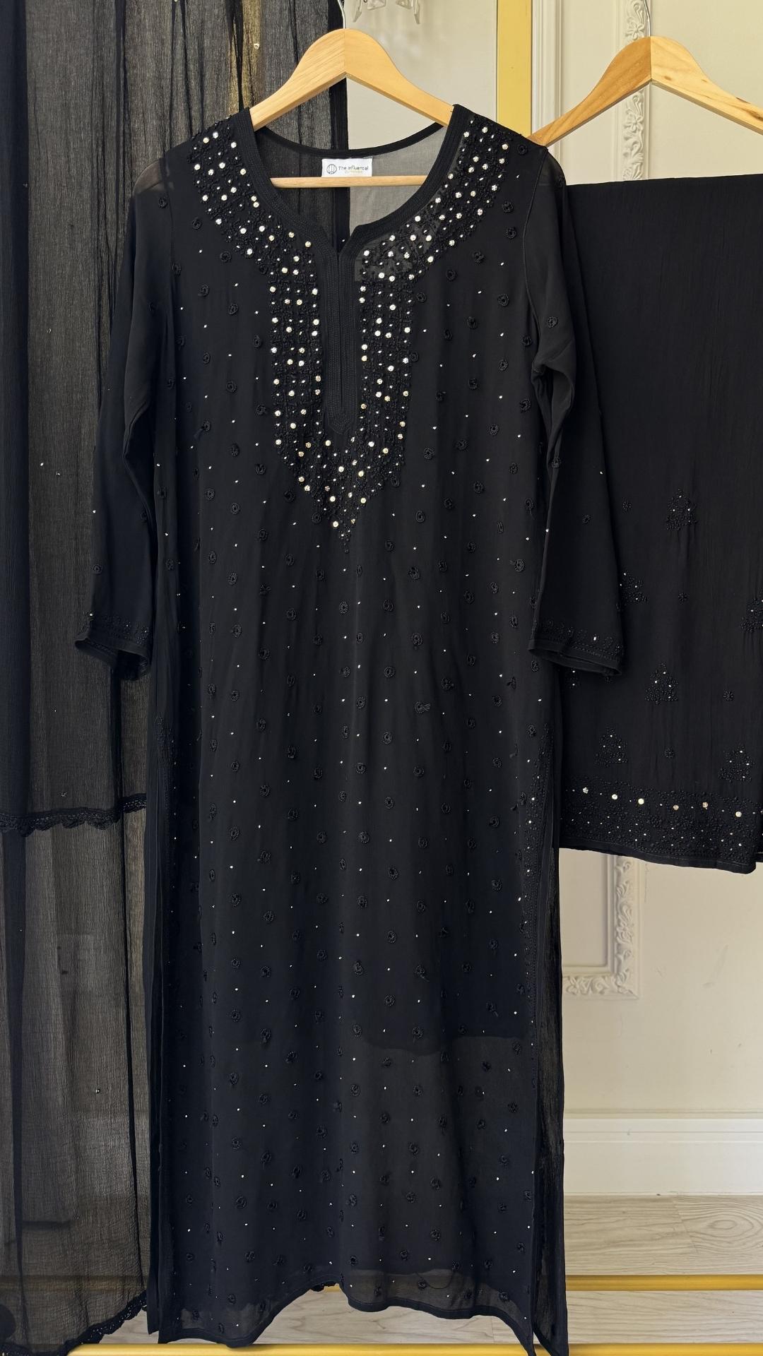 Viscose Georgette Chikankari With Mukesh Suit Set - Black