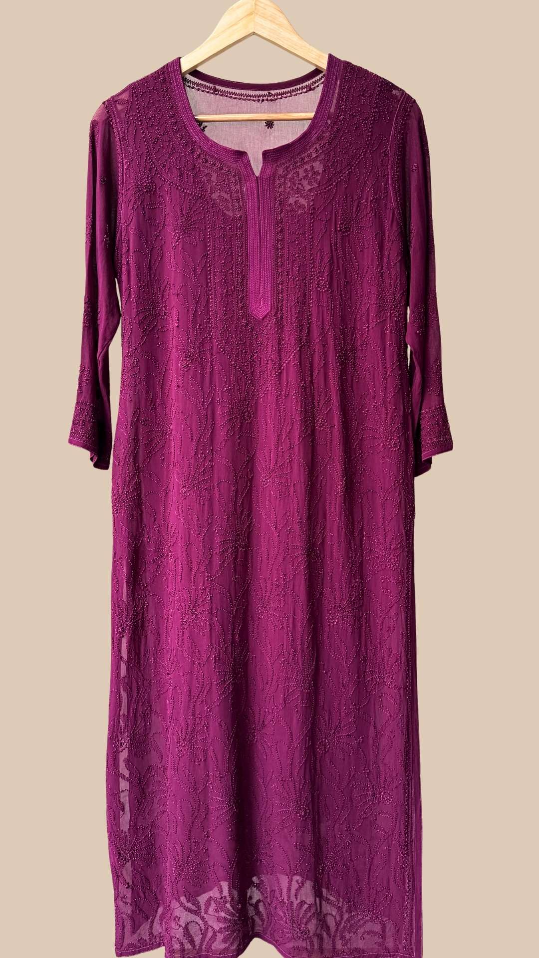 Viscose Georgette Silk Thread Chikankari Long Kurta - Wine Purple